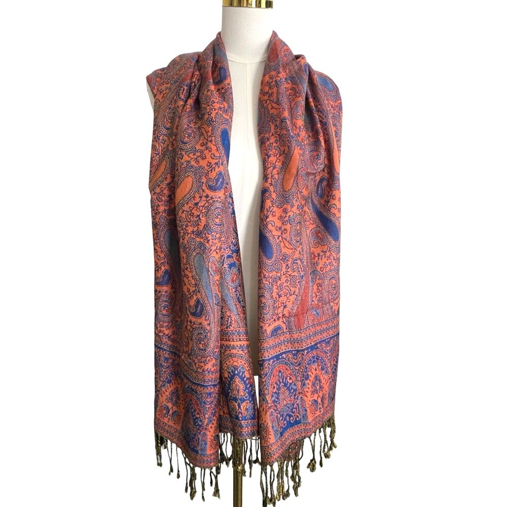 VTG 100% Cashmere Pashmina Paisley Scarf Orange Blue Wrap Shawl Two Sided 80x28 - Picture 4 of 7